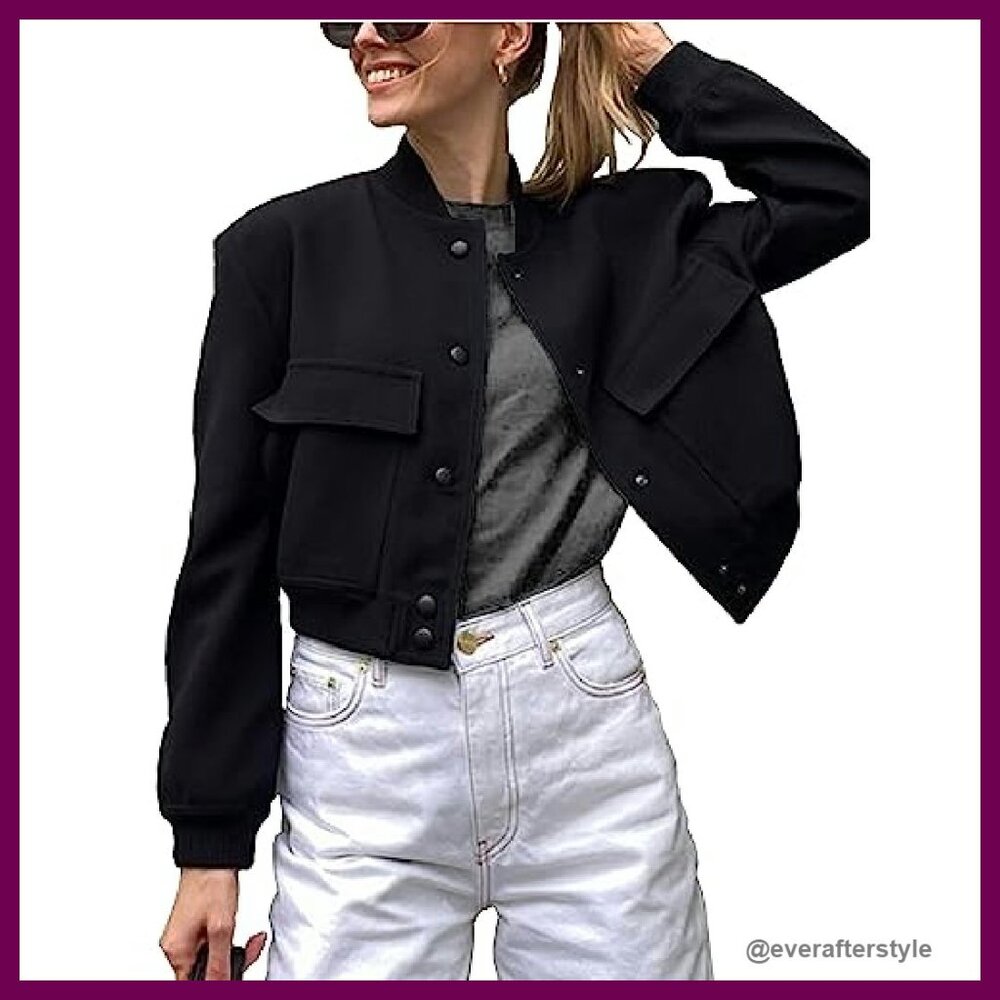 Cropped Bomber Jacket Lightweight Button Down Var… - image 2
